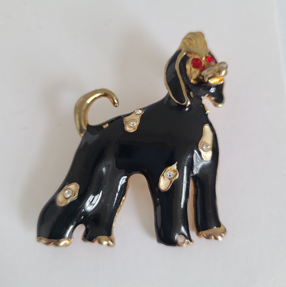 Vintage Black Gold Enamel Rhinestone Poodle Dog Pet Jewellery Brooch Lapel Pin